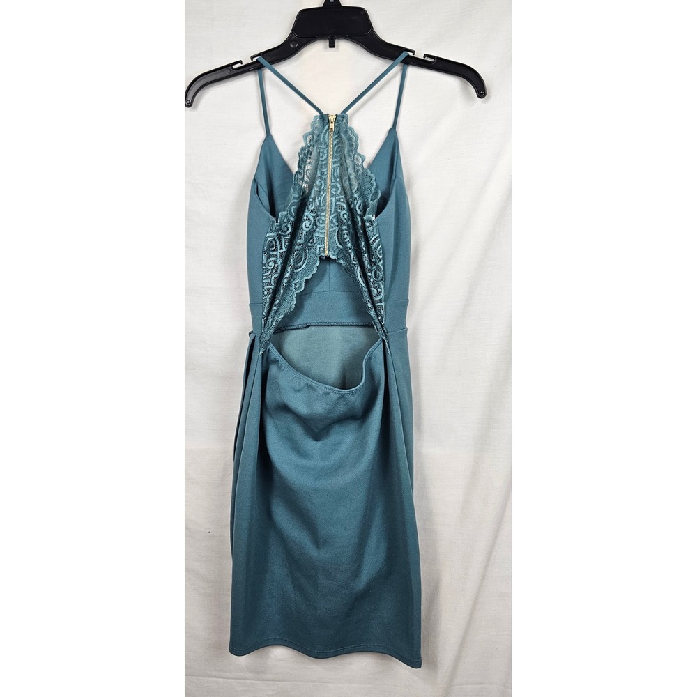 Windsor Teal Blue Lace Back Cutout V-Neck Wrap Tulip Mini Dress ND2641WD Small - Picture 2 of 5
